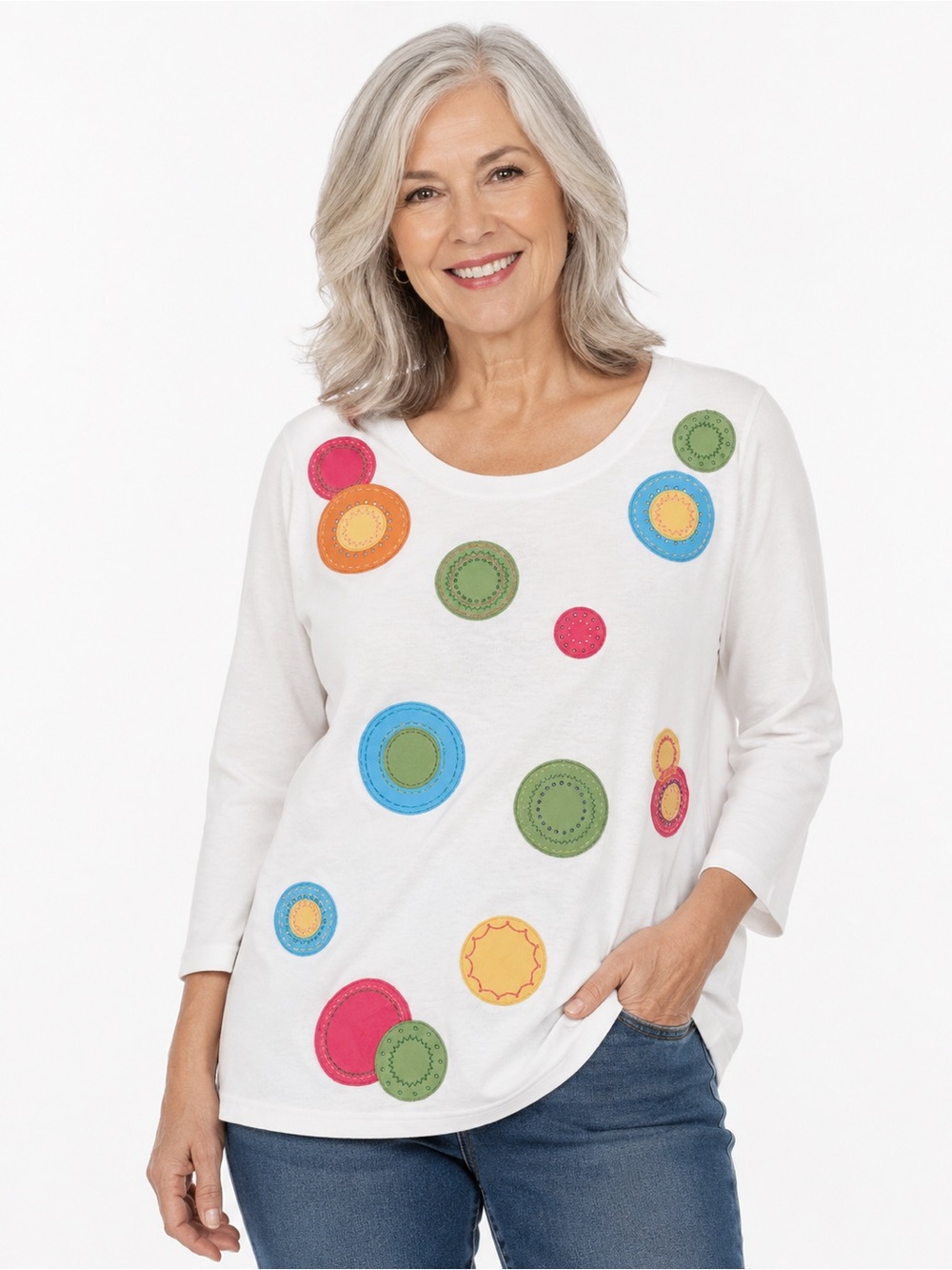 Talbots White Long-Sleeve Tee with Colorful Circle Appliqués